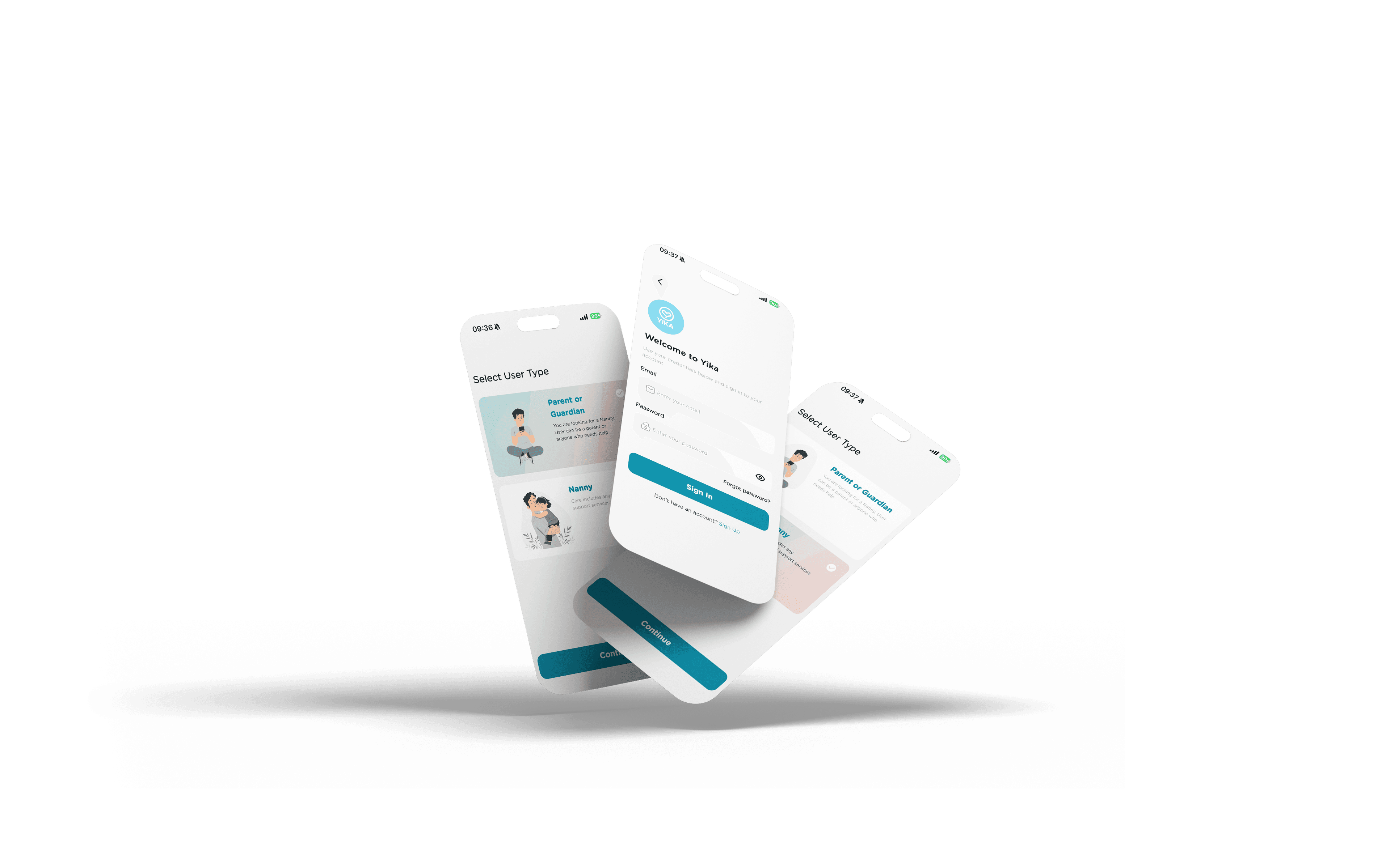 Yika app: select user type and sign in screens